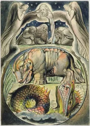 Behemoth og Leviathan, etter William Blake (1757-1827) (penn og blekk og wc på papir)